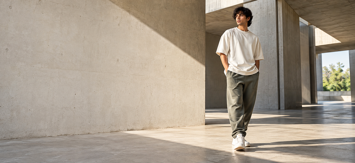 YUNAYLIFE The Blank Canvas collection featuring minimalist oversized streetwear in a modern concrete setting