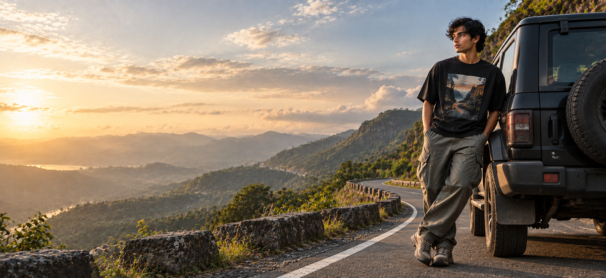 YUNAYLIFE Travel Diaries collection featuring contemporary streetwear inspired by road trips, travel and Indian mountain landscapes