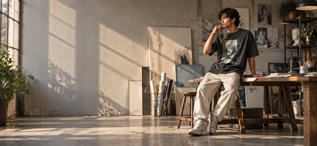 YUNAYLIFE Curious Thoughts collection featuring creative streetwear in an artistic studio setting, inspired by ideas and self-expression