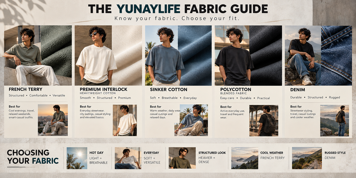 YUNAYLIFE fabric guide explaining French Terry, Premium Interlock, Sinker Cotton, Polycotton and Denim fabrics for different weather, comfort and styling needs.
